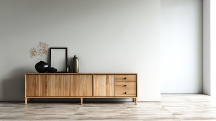 Light wood sideboard with black vase and dried flowers against a minimalist white wall.  A calm and serene aesthetic.