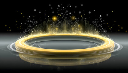 Glowing golden ring platform on dark reflective surface with magical particles