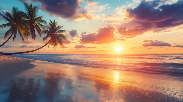 Tropical Sunset Paradise: Witness the breathtaking spectacle of a fiery sunset casting golden hues over a pristine tropical beach, where swaying palm trees frame the mesmerizing panorama.