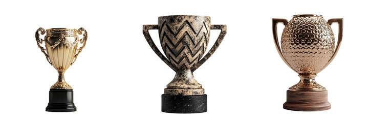 Png of Three distinct trophies showcasing varying designs and finishes, perfect for representing awards and achievements.