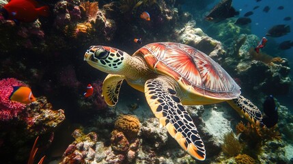 Obraz premium Turtle with a group of colorful fish and sea animals among vibrant coral underwater
