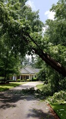 Fallen tree partially obscuring a suburban house, showing significant branch damage - house hazard timber