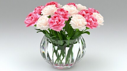 Pink and white carnations in a clear vase.  A beautiful bouquet of pink and white carnations arranged in a clear glass vase.  The flowers are vibrant and full, creating a lovely floral display