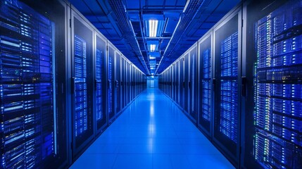 Obraz premium A server room with rows of computer servers and blue lighting.