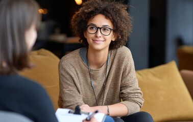 On a sofa, a therapist and patient engage in a conversation, with the psychologist providing support and taking notes to offer help and guidance in a mental health care setting