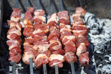 skewered lamb meat on the grill. Shish kebap