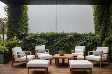 A modern outdoor lounge area with natural green wall backdrop