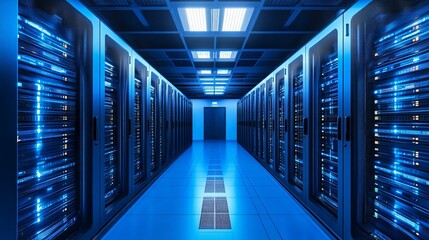 Fototapeta premium Server racks line a blue lit corridor in a data center.