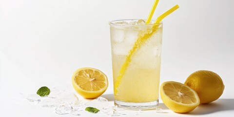 An isolated arrangement of cold drinks featuring straws and lemon wedges.