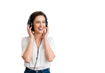 A smiling woman in headphones, isolated