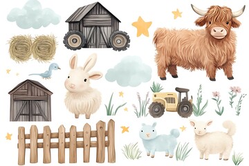 Cute farm animals, barn, hay, tractor, and fence illustrations.