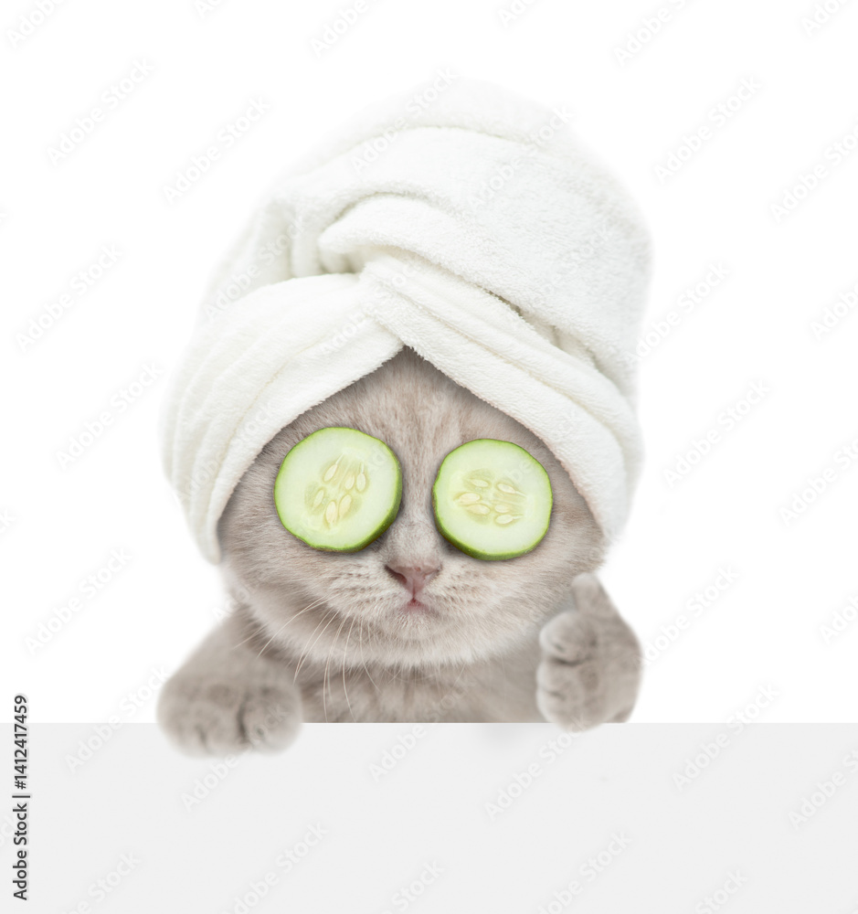 Leinwandbilder funny kitten with towel on it head and with slices of cucumber on it eyes looks above blank white ba