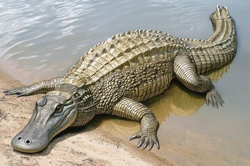 A gharial basking on the banks of the Ganges River in India, its long, slender snout and armored body catching the sunlight