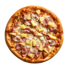 A whole hawaiian pizza with ham and pineapple on a dark background