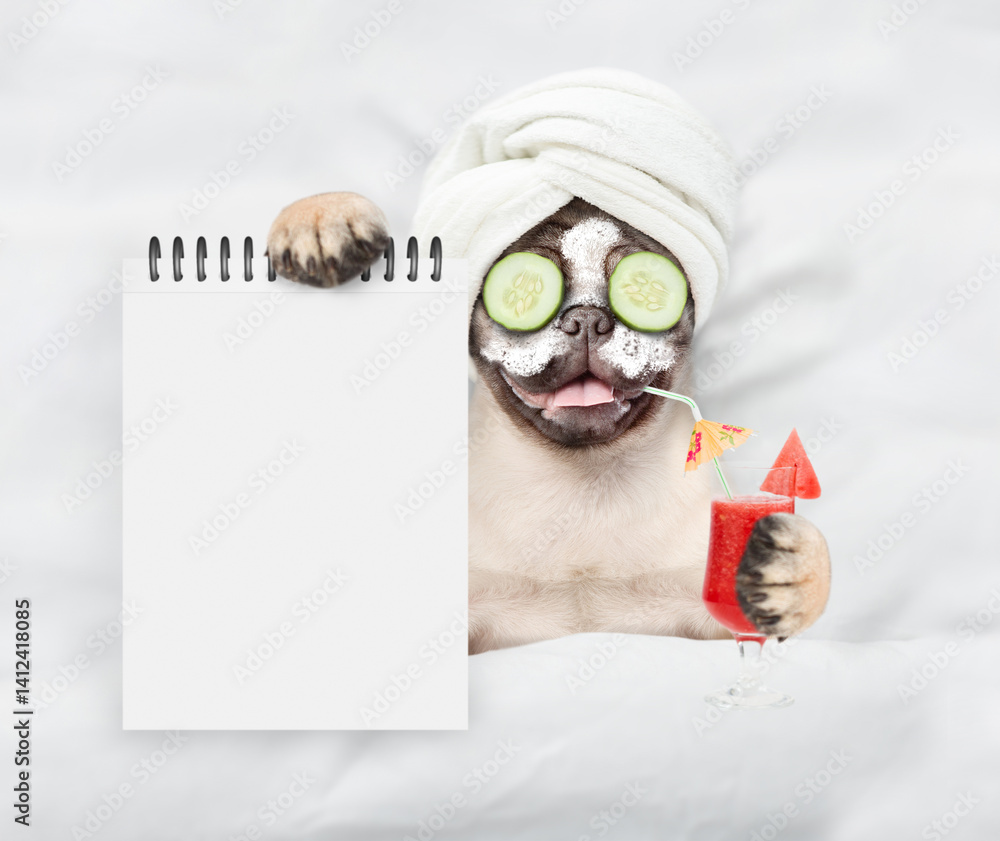 Poster funny pug puppy with towel on it head,with cream on it face and a pieces of cucumber on it eyes hold
