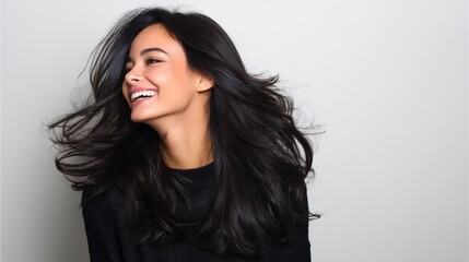 In a closeup portrait, a gorgeous young Asian Indian female model is seen shaking her beautiful hair, as seen in an advertisement for shampoo, conditioner, and other hair products, set against a