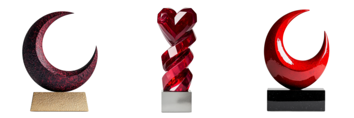 Png of Three artistic sculptures featuring crescent shapes and a heart, showcasing vibrant colors and unique designs.