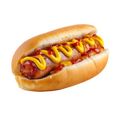 A hotdog with ketchup and mustard on a bun against black background