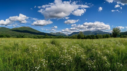 Fototapeta premium Green Meadow Landscape with Mountains and Sky