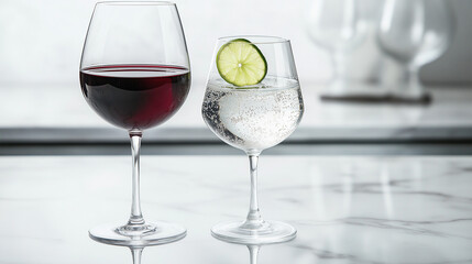 Minimalist comparison of two elegant glasses side by side on a sleek marble bar: one filled with red wine, the other with sparkling water and lime, clean neutral background, light symbolism of balance