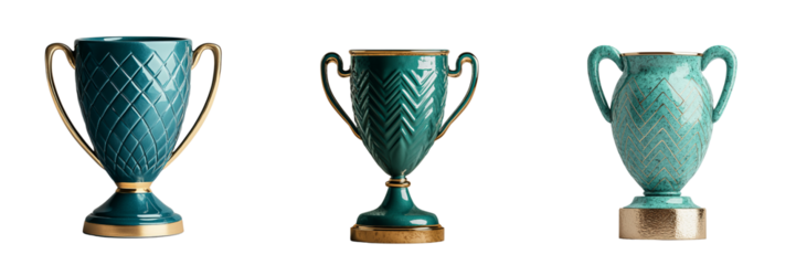 Png of Three elegant teal trophies with gold accents, showcasing unique designs and intricate patterns, perfect for awards or decor.