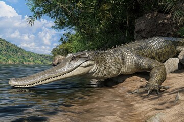 A gharial basking on the banks of the Ganges River in India, its long, slender snout and armored body catching the sunlight