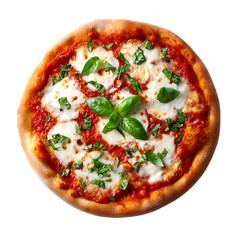 Overhead shot of a margherita pizza with basil on a black background