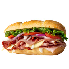 Close up of a fully loaded submarine sandwich on a black background