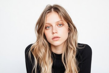 Naklejka premium Woman On White Background With Custom Brunette Straight Long Hair’ becomes ‘Customized Image Of Woman With Brunette Straight Long Hair On A White Background