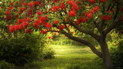 Vibrant Red Blossom Tree in Lush Green Garden Lighting Up Pathway