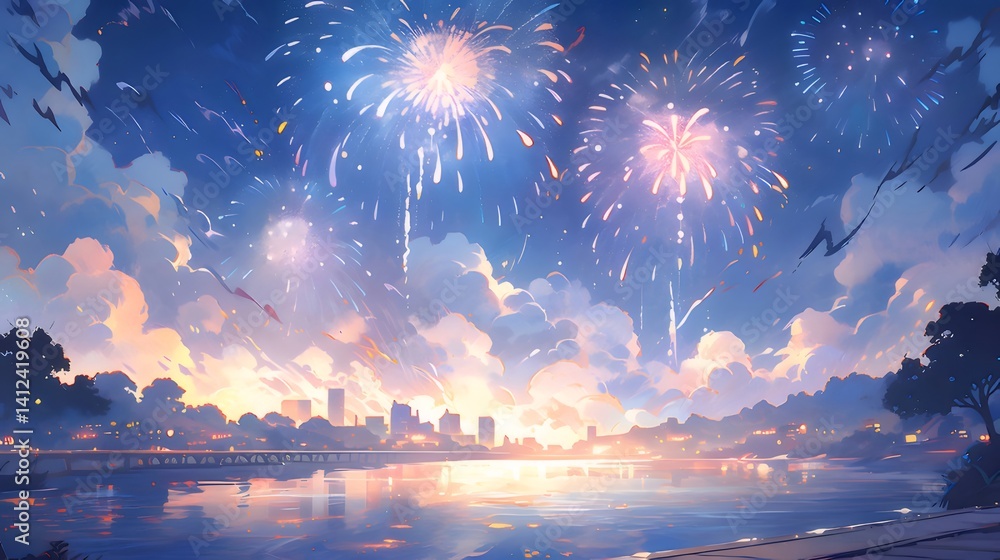 Aufkleber 夜空に咲く花火の輝き 湖面に映るカラフルな光の饗宴 都市のシルエットと雲の背景の美しい風景