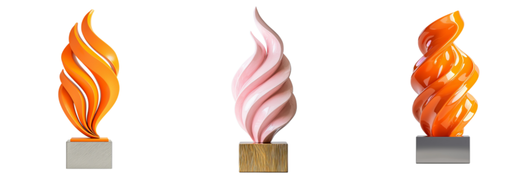 Png of Three vibrant, stylized flame sculptures in orange and pink, showcasing artistic design with contrasting bases.