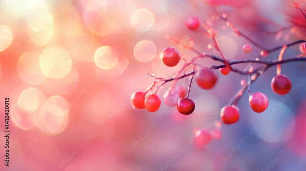 Poster Delicate Red Berries with Soft Bokeh Background in Gentle Light