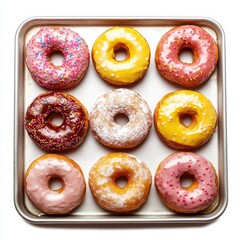 Fancy donut tray, glaze, sugar, isolated with white background