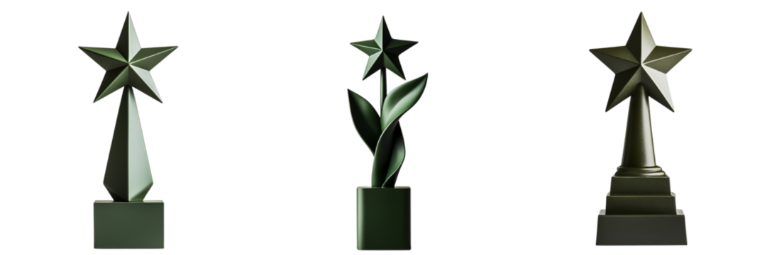 Png of Three elegant star-shaped trophies showcasing unique designs, symbolizing achievement and excellence.