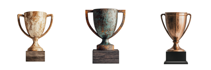 Png of Three vintage trophies showcasing aging details and unique textures, symbolizing achievements over time.