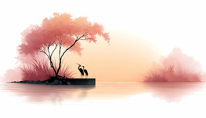 Serene sunset landscape with two birds on a small island