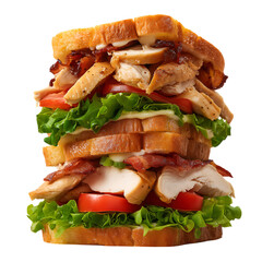 A towering club sandwich with chicken bacon and fresh vegetables