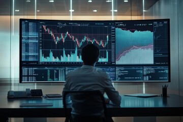 trader and analyst analyzing crypto data on a large digital screen with multiple charts, set in a minimalist office space with clean lines and copy space on the side