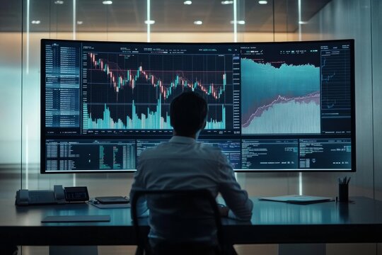 trader and analyst analyzing crypto data on a large digital screen with multiple charts, set in a minimalist office space with clean lines and copy space on the side