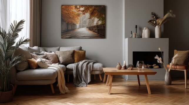 Cozy living room with a gray sectional sofa, warm-toned throw pillows, and a large autumnal landscape painting above the fireplace.