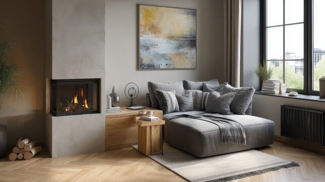 Cozy living room with a modern fireplace, gray sectional sofa, and abstract art. Warm, inviting atmosphere.