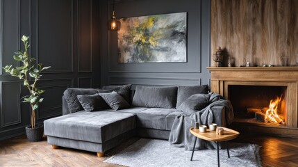 Cozy gray sectional sofa in a modern living room with a fireplace. The room features dark walls and...