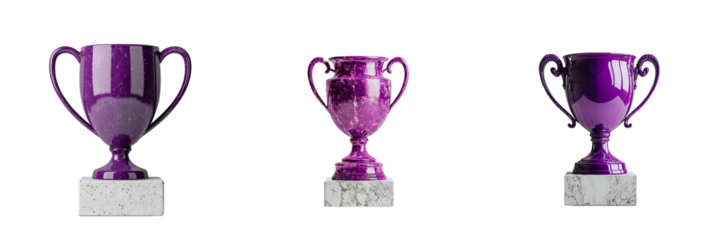Png of Three elegant purple trophies on marble bases, symbolizing achievement and excellence in a vibrant and celebratory mood.