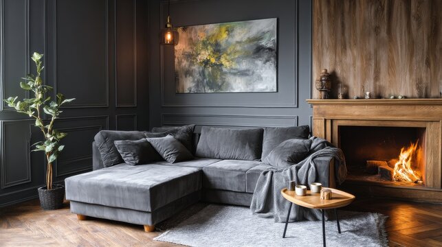 Cozy gray sectional sofa in a modern living room with a fireplace. The room features dark walls and wooden accents, creating a warm and inviting atmosphere.