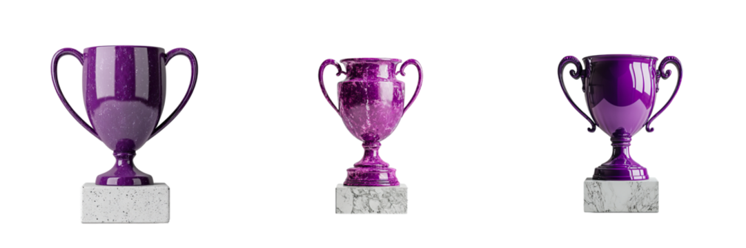 Png of Three elegant purple trophies on marble bases, symbolizing achievement and excellence in a vibrant and celebratory mood.
