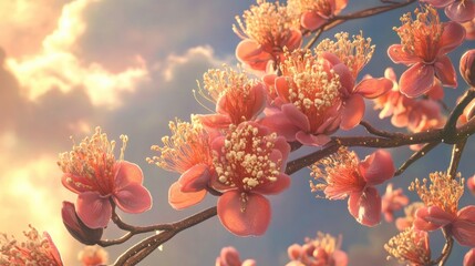 Delicate Blossoms Under Soft Sunset Light with Gentle Clouds in the Sky