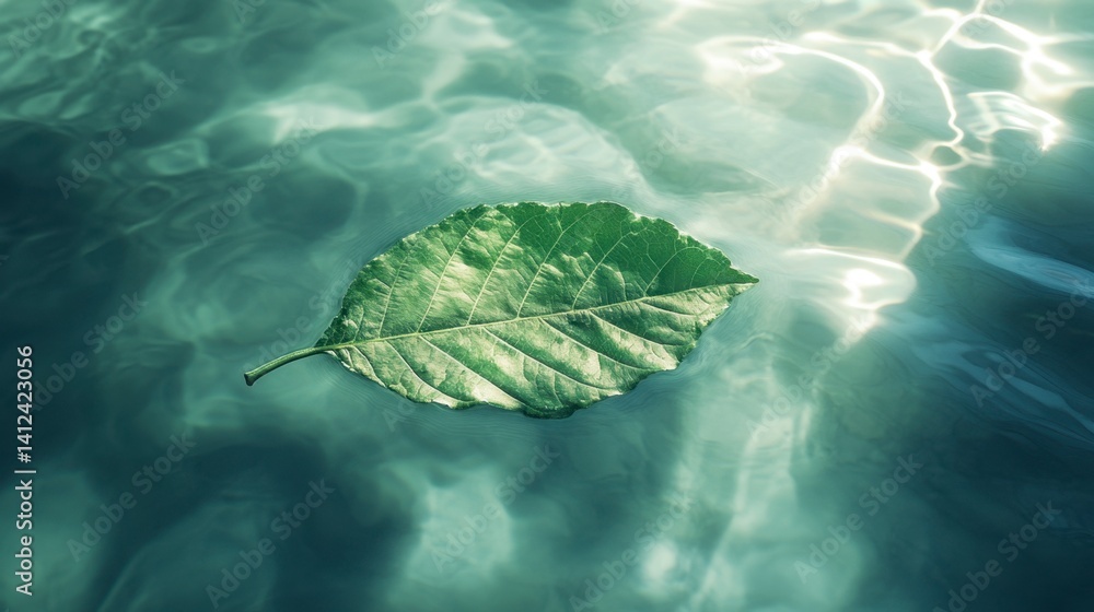 Poster leaf floating on calm water surface with soft light reflection