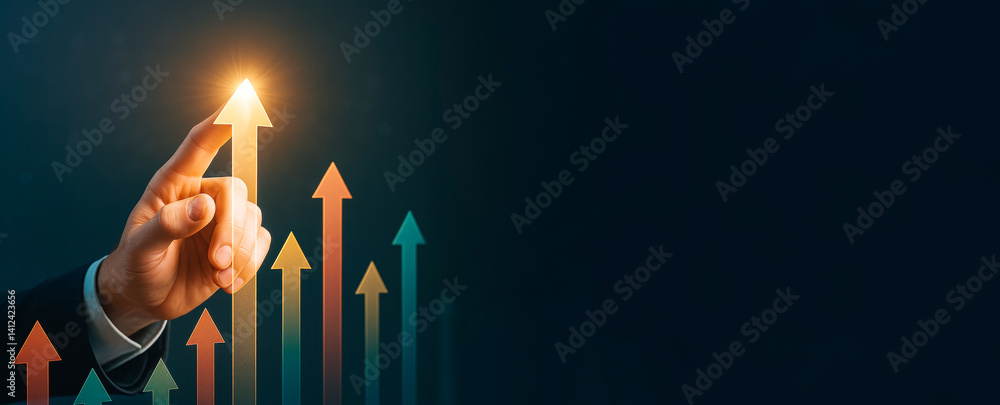 Poster businessman pointing at glowing upward arrow representing growth and success on dark background with