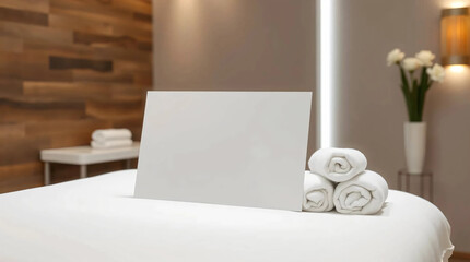 White blank sign mockup on massage table with rolled towels in modern spa